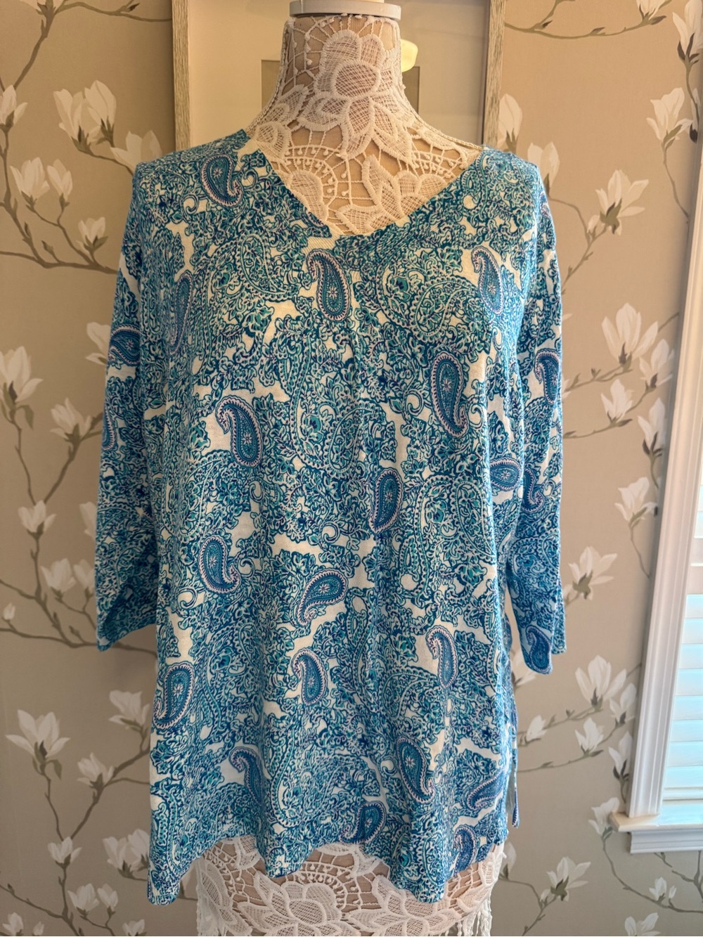 Talbots Blue and White Paisley V-Neck Tunic
